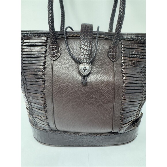 Brighton Brown Pebbled Leather Shoulder Bag w/2 Braided Handles Heart Closure - Picture 4 of 13